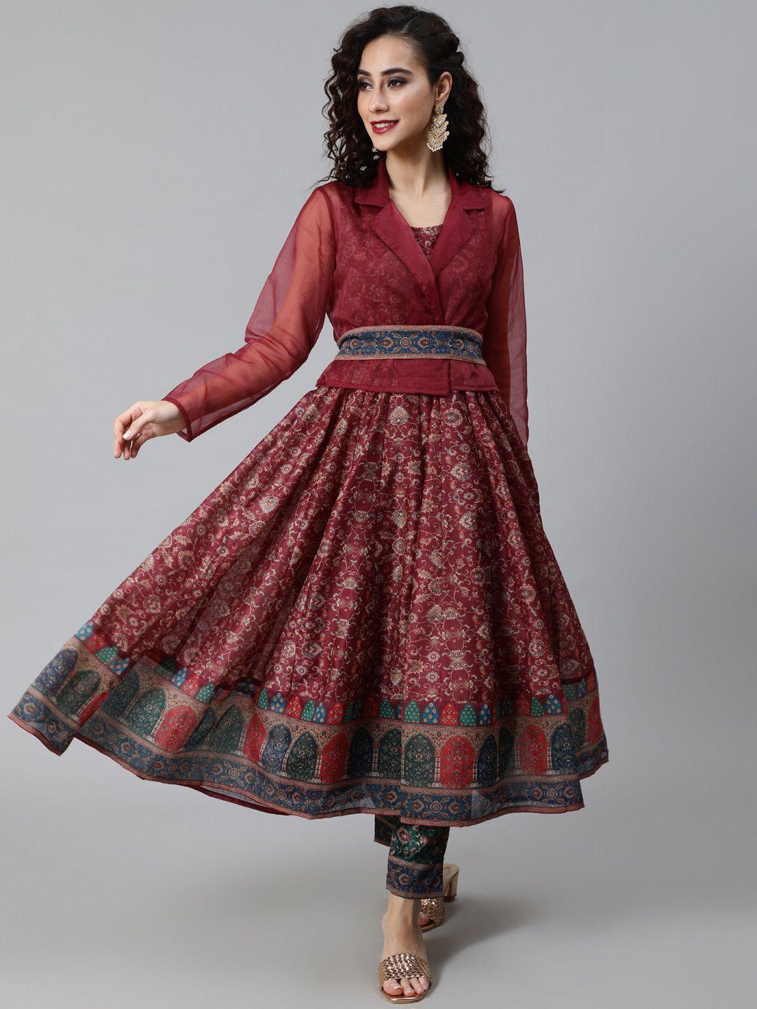 aks paisley woven design chanderi silk anarkali kurta with jacket