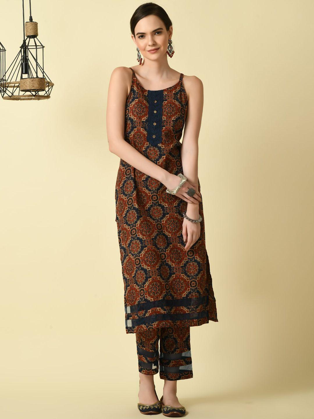 myshka ethnic motifs printed shoulder straps pure cotton kurta