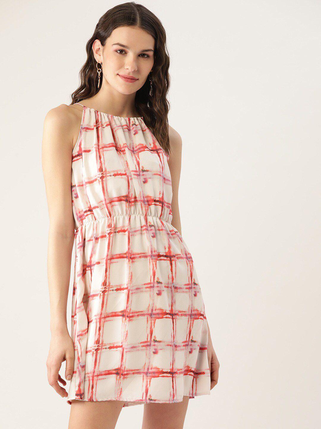 dressberry white checked shoulder straps gathered  fit and flare mini dress