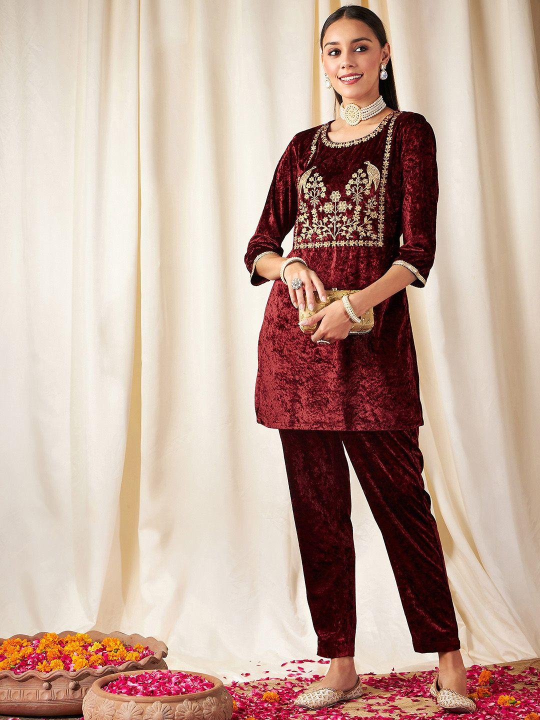 shae by sassafras ethnic motifs embroidered velvet kurta with trousers