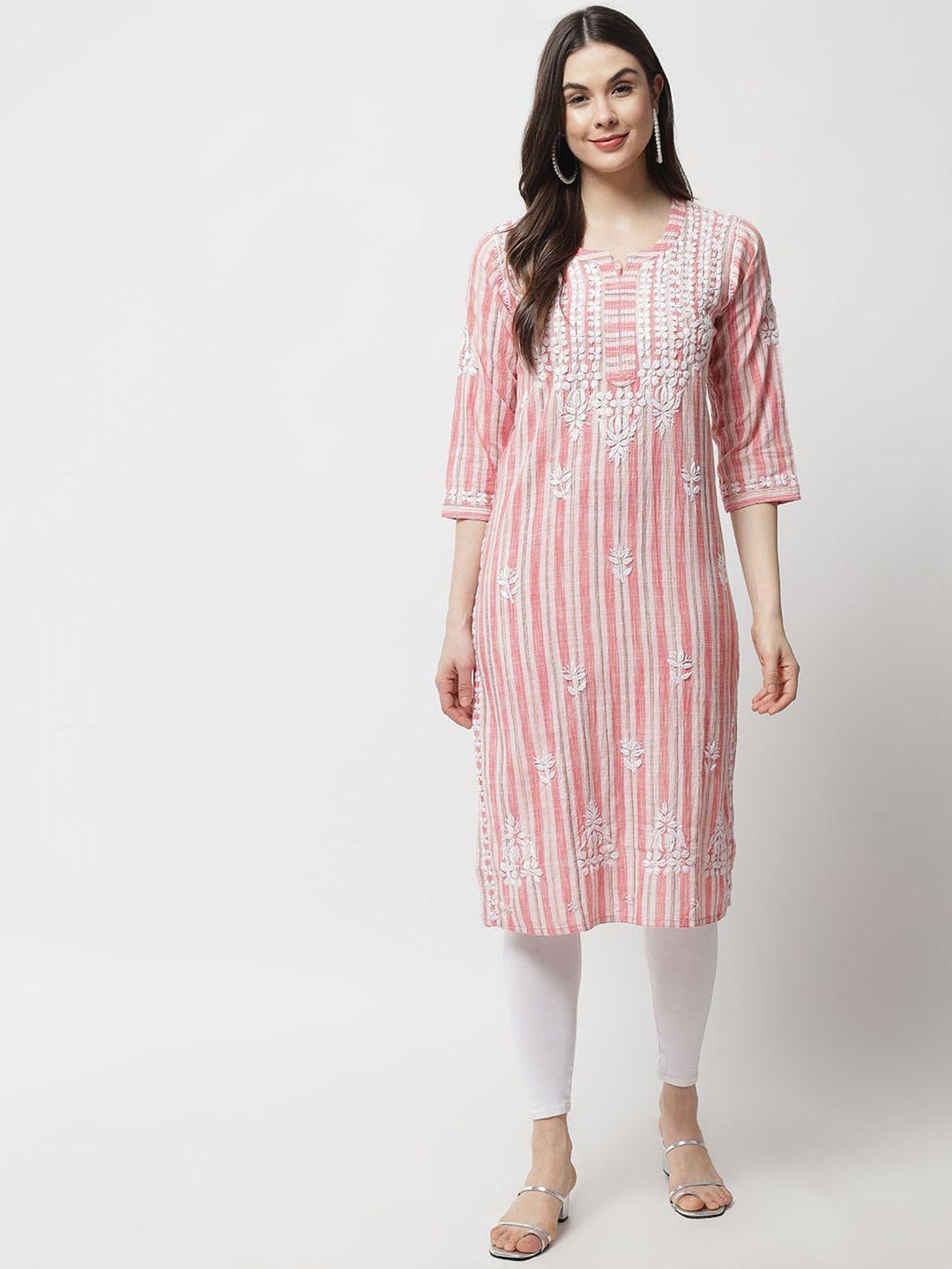 ethnava striped thread work detailed cotton straight kurta