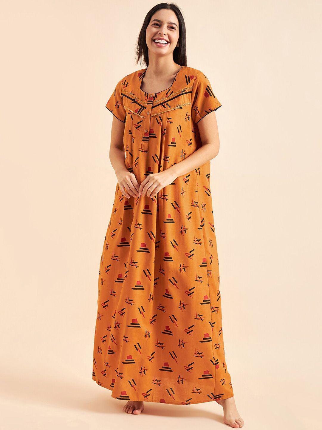 sweet dreams mustard yellow & black geometeric printed maxi pure cotton nightdress