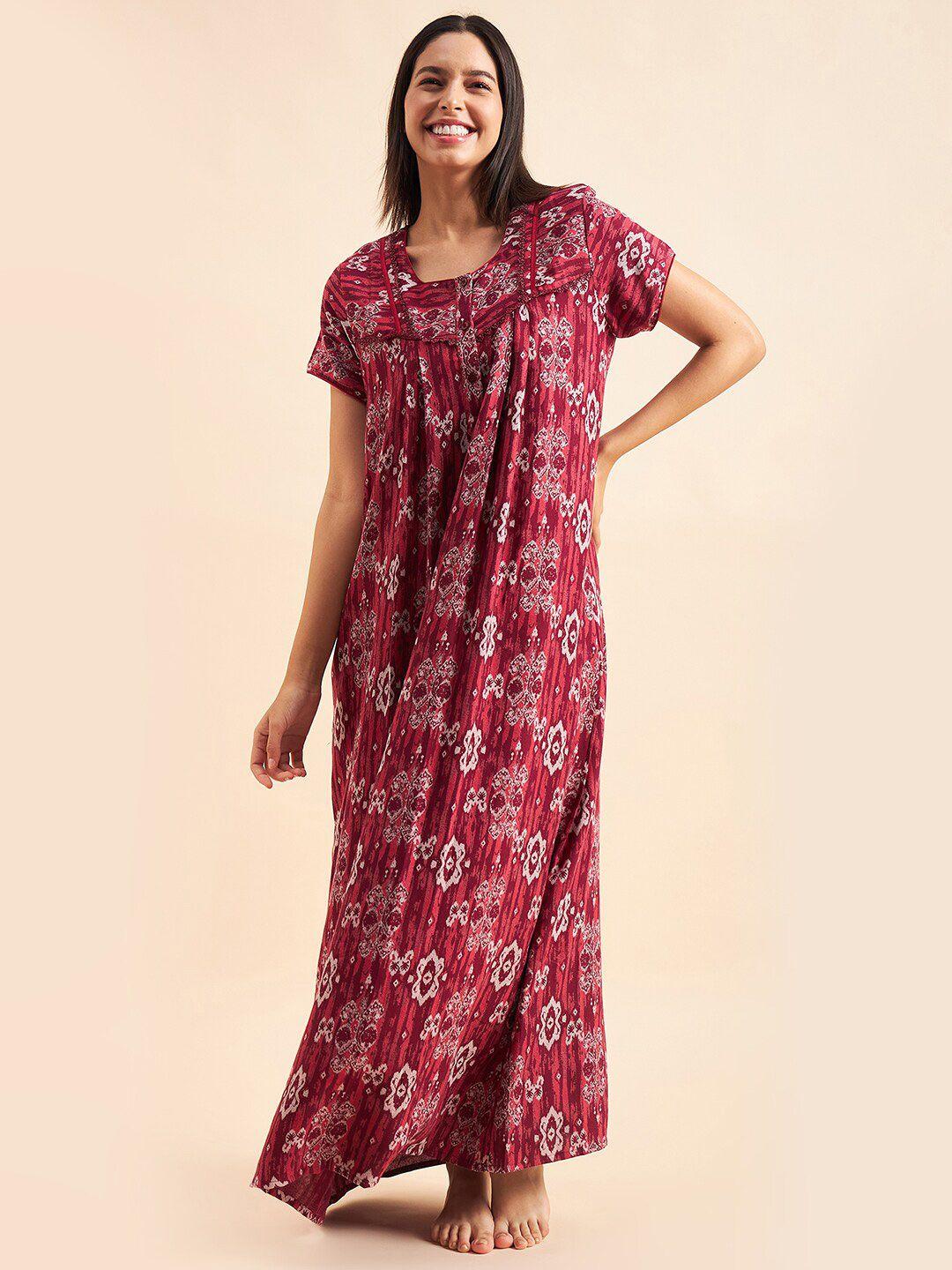 sweet dreams maroon & white abstract printed maxi pure cotton nightdress