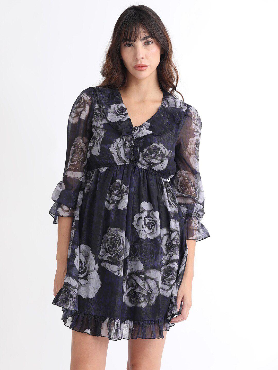 rareism floral printed v-neck bell sleeve layered empire mini dress