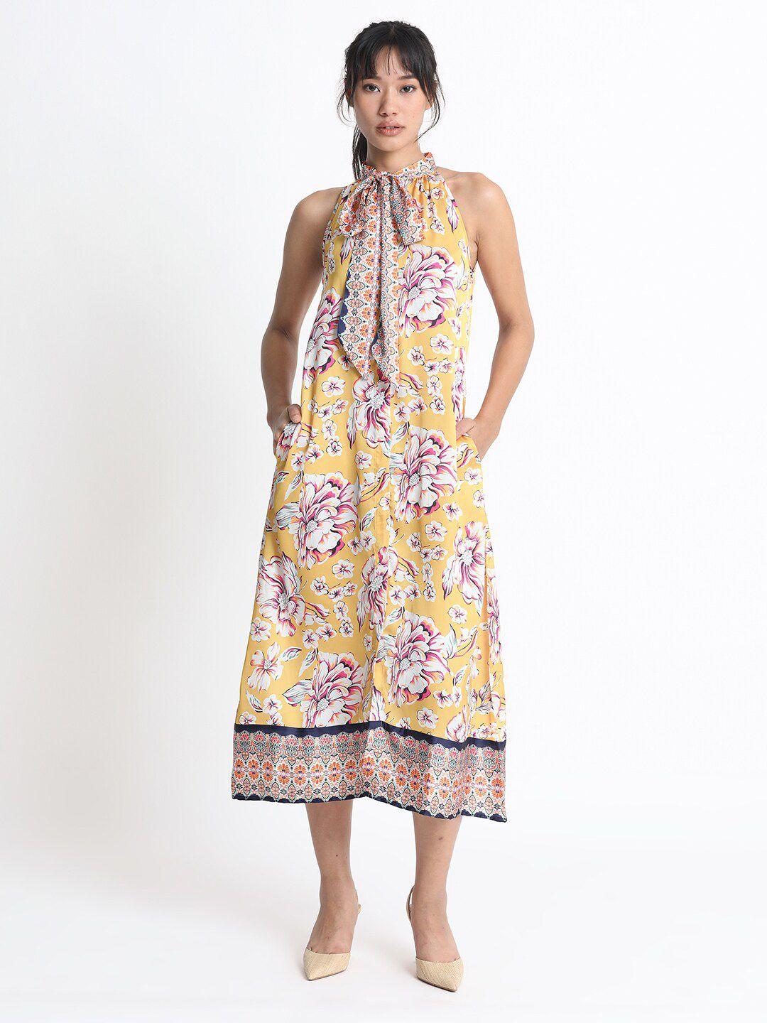 rareism floral printed halter neck a-line midi dress