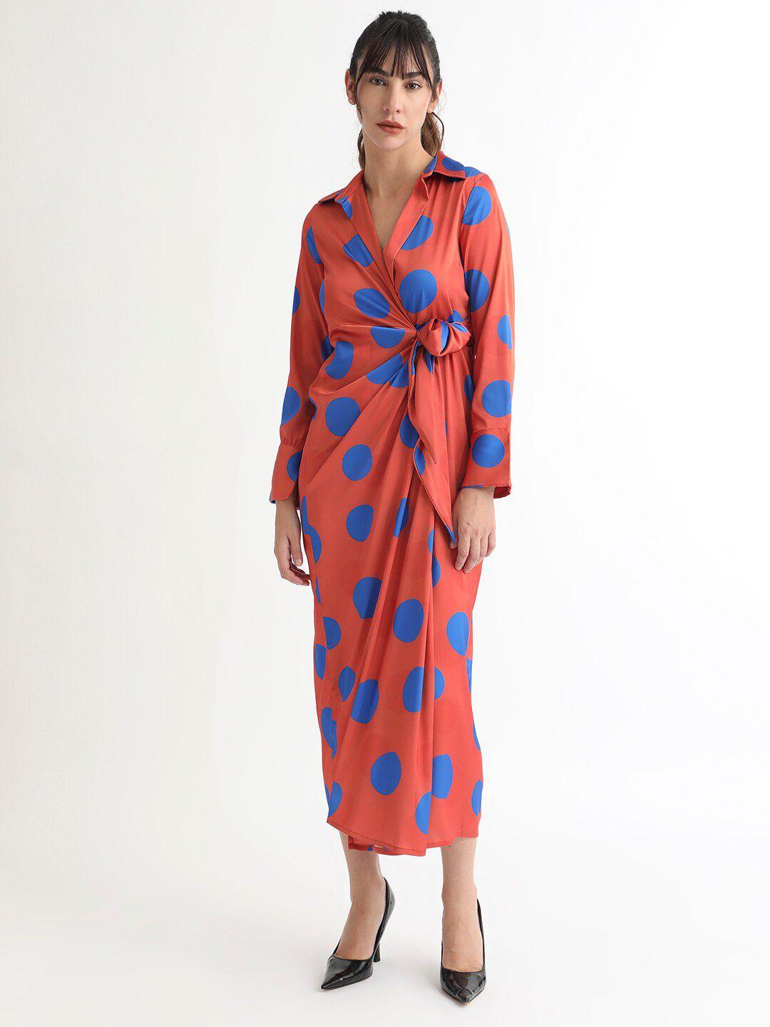 rareism geometric print shirt collar wrap midi dress