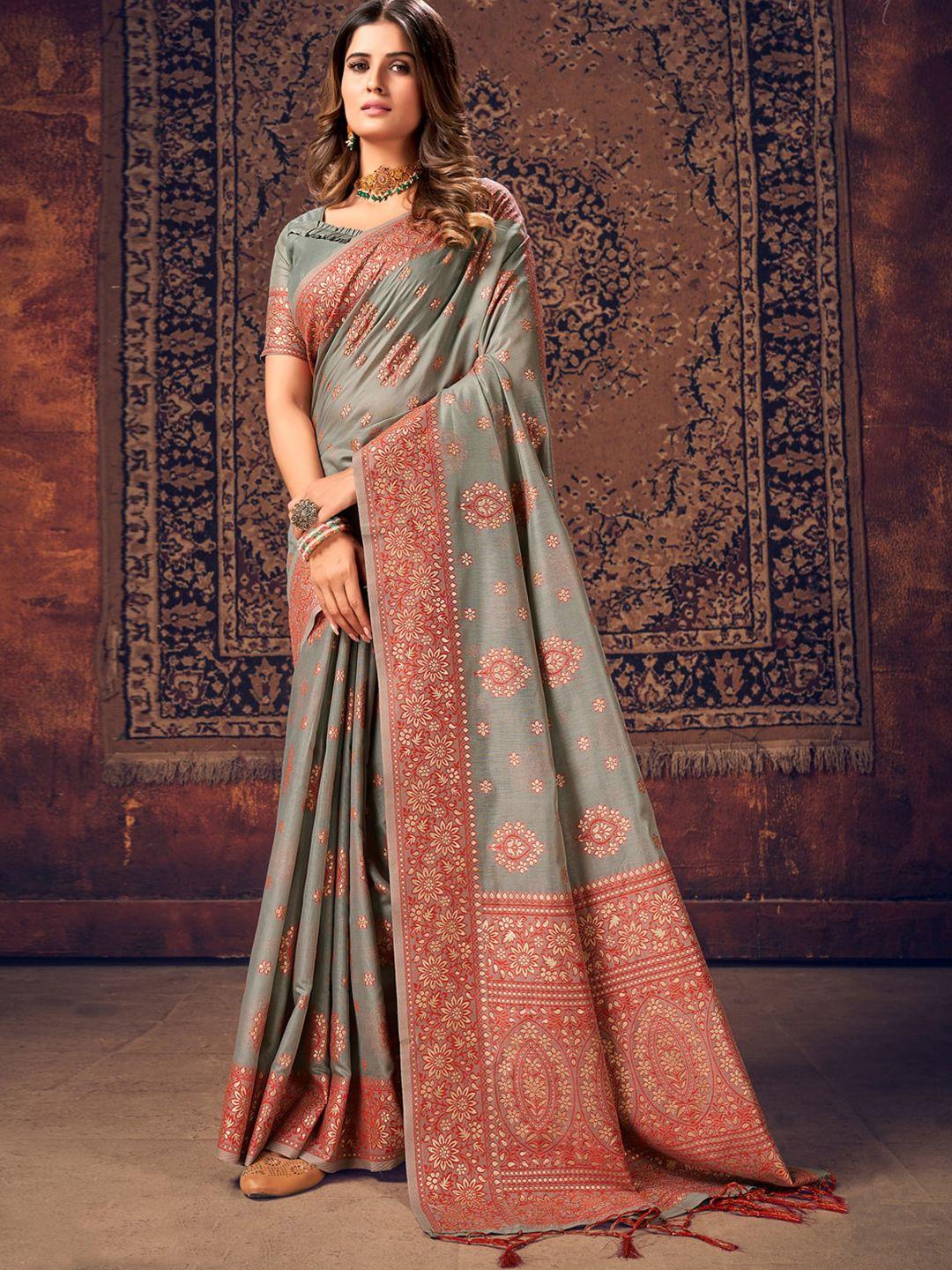 sangria grey floral woven design zari banarasi saree