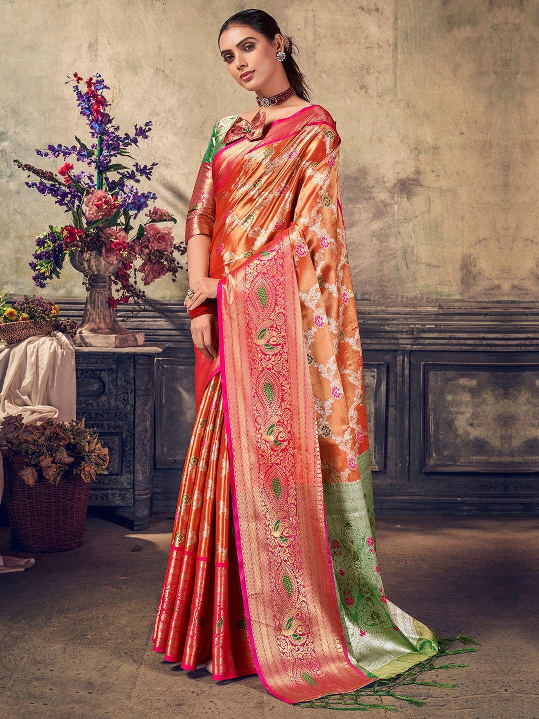 sangria rust ethnic woven-designed festive saree with blouse piece