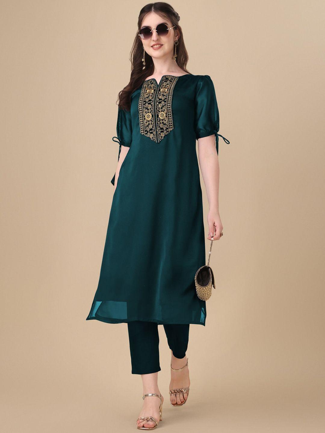 goroly women green yoke design flared sleeves thread work summer sheers kurta