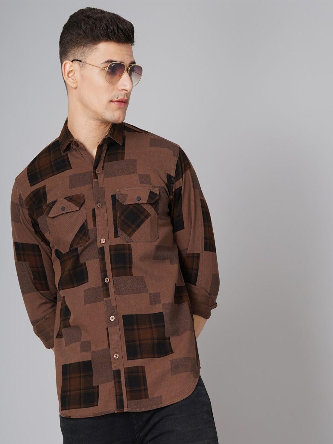 paul street men brown standard slim fit opaque printed casual shirt