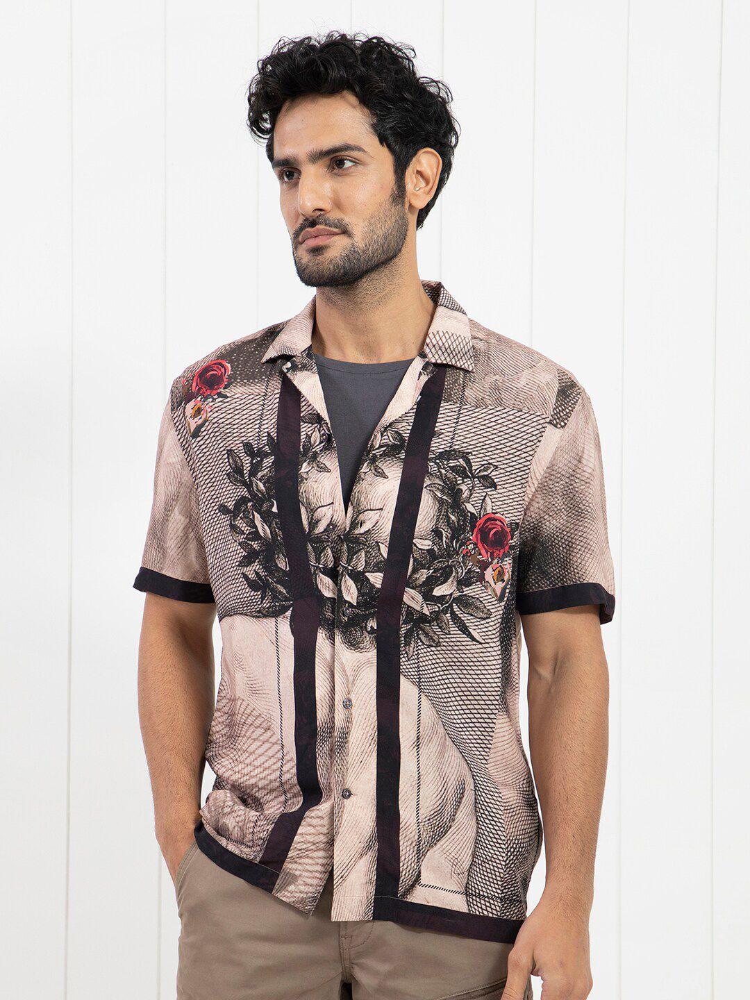 rare rabbit men beige slim fit floral opaque printed casual shirt