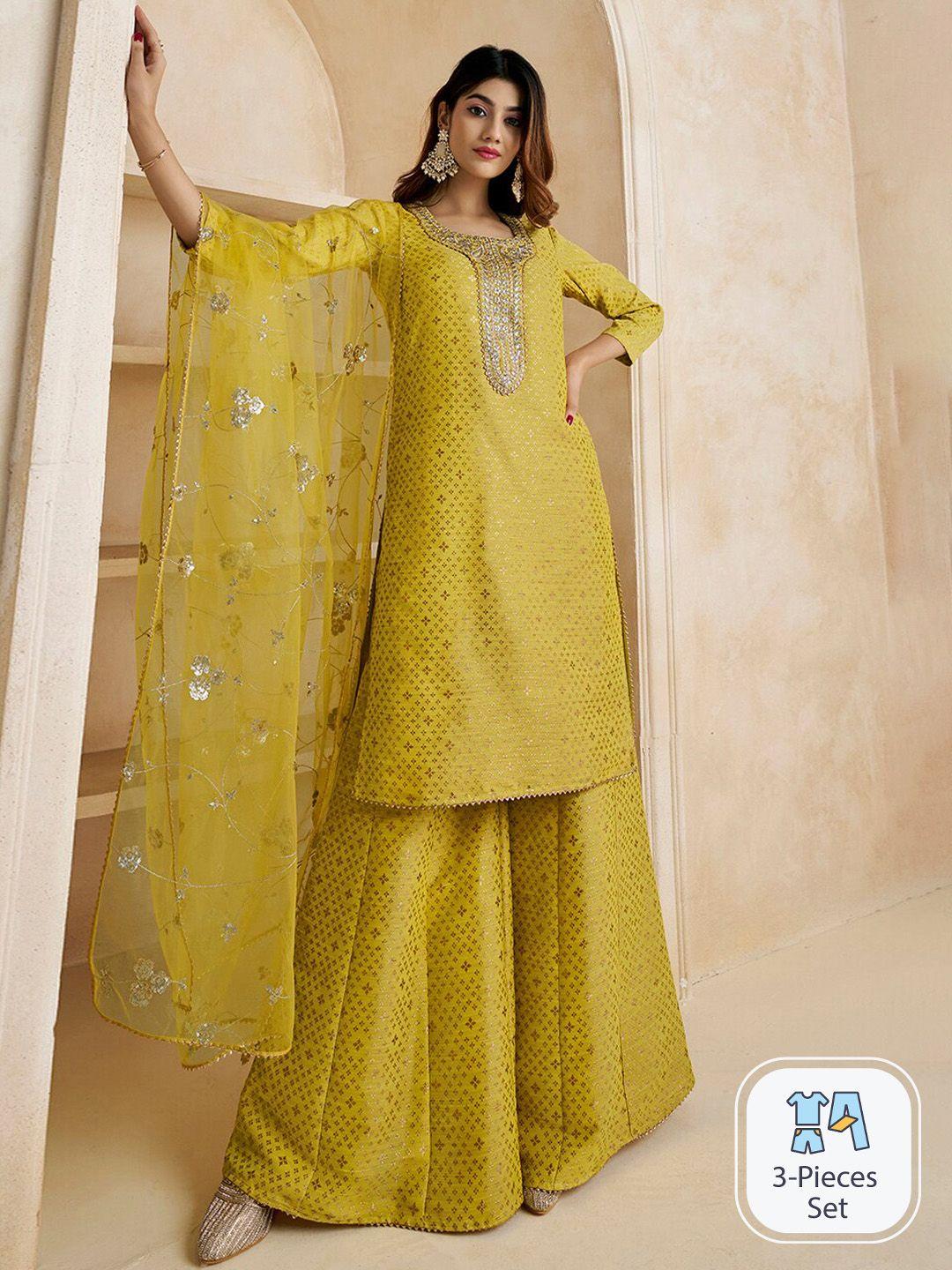 inddus mustard gotta patti straight kurta & sharara with dupatta