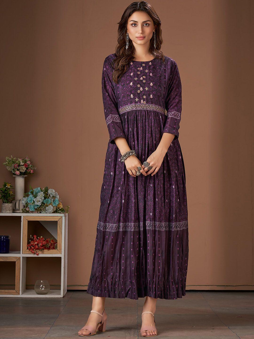 here&now ethnic motifs printed gathered fit & flare ethnic dress