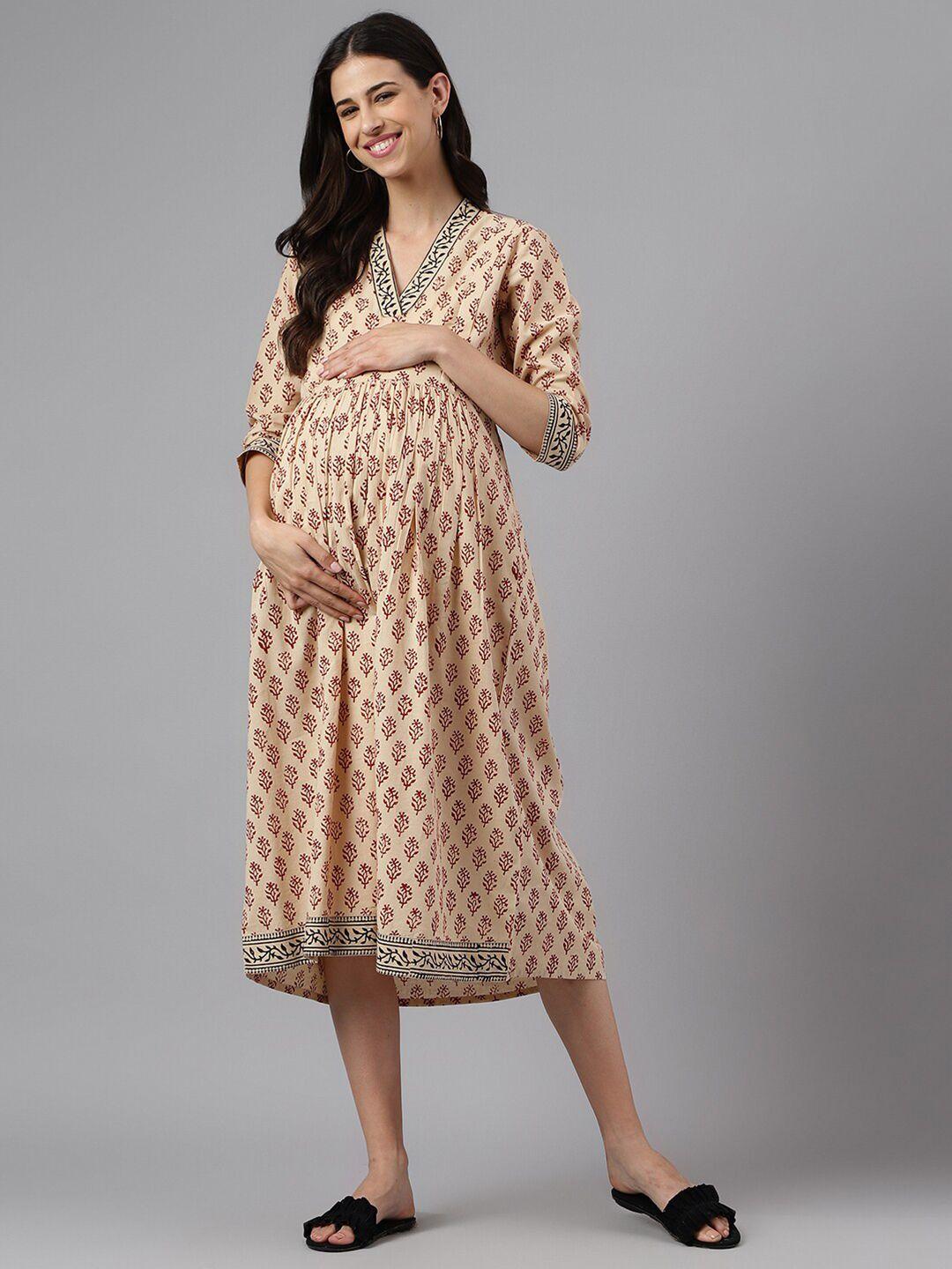 negen ethnic motifs printed v-neck pleated maternity cotton fit & flare midi dress