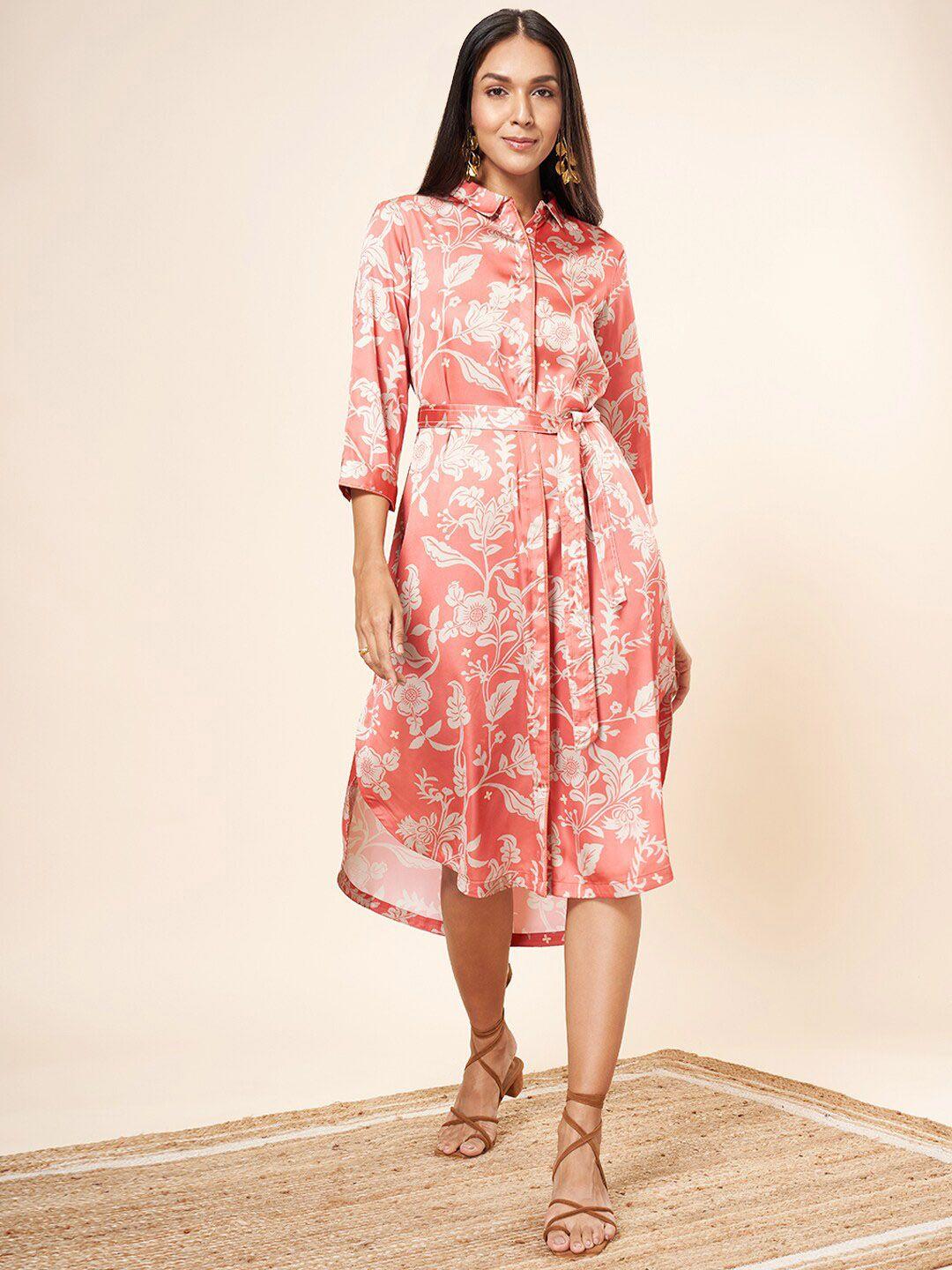 marigold lane floral printed shirt collar gathered a-line midi dress