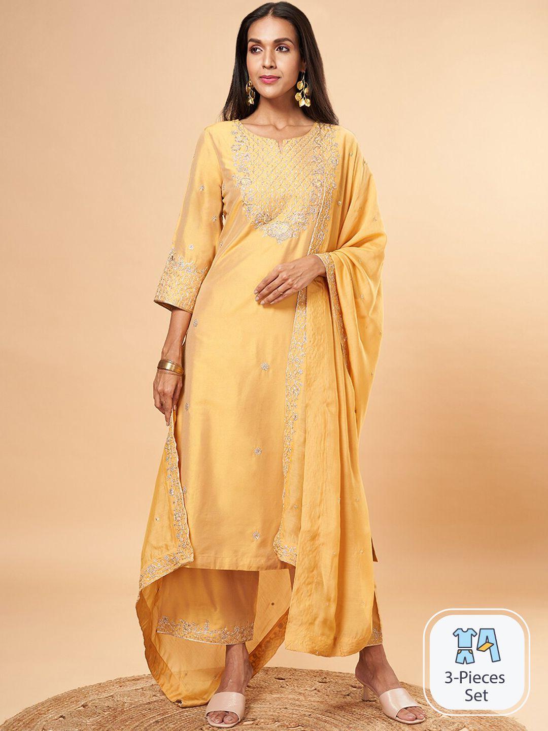 marigold lane ethnic motifs sequinned embroidered regular kurta with trousers & dupatta