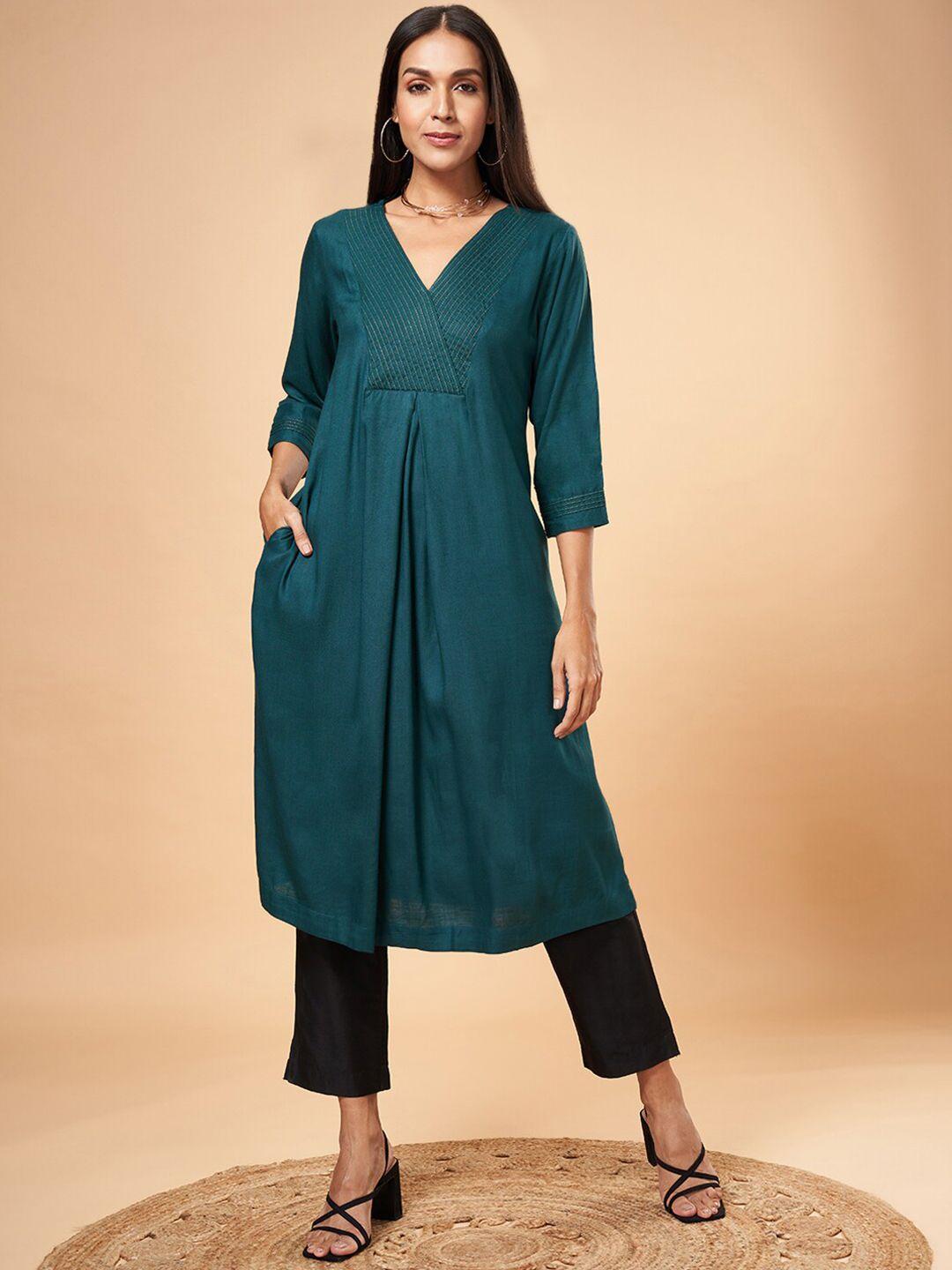 marigold lane v-neck three-quarter sleeves a-line kurta