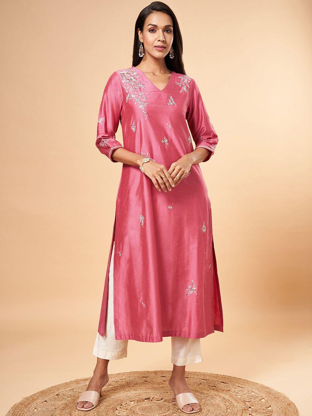 marigold lane ethnic motifs embroidered v-neck kurta