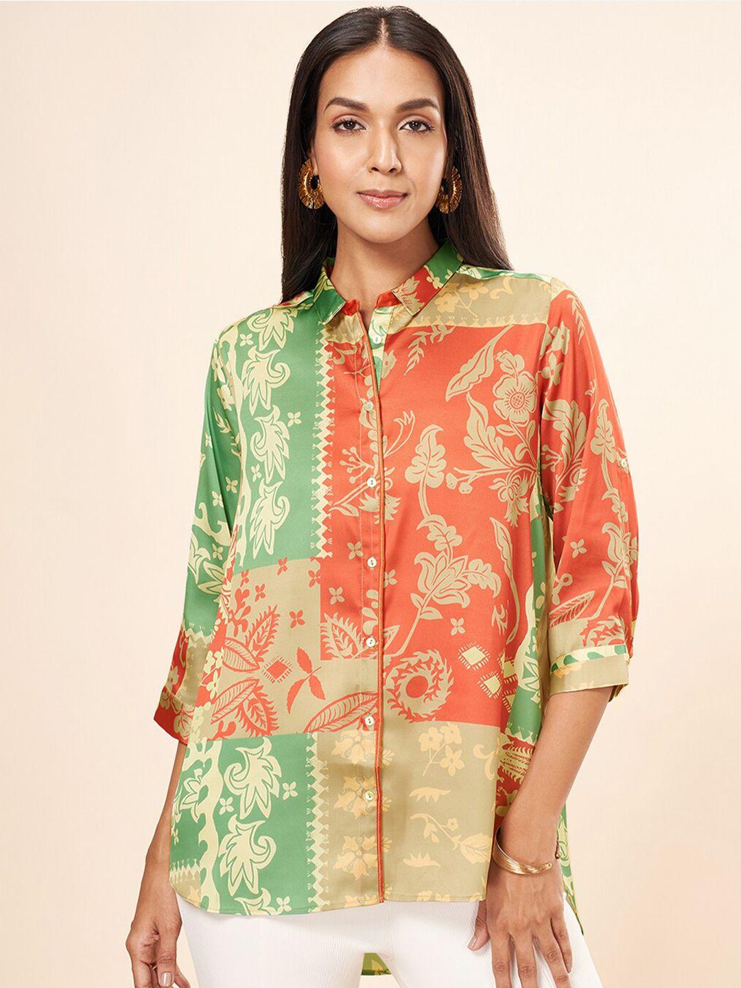 marigold lane floral printed shirt collar cuffed sleeves shirt style top