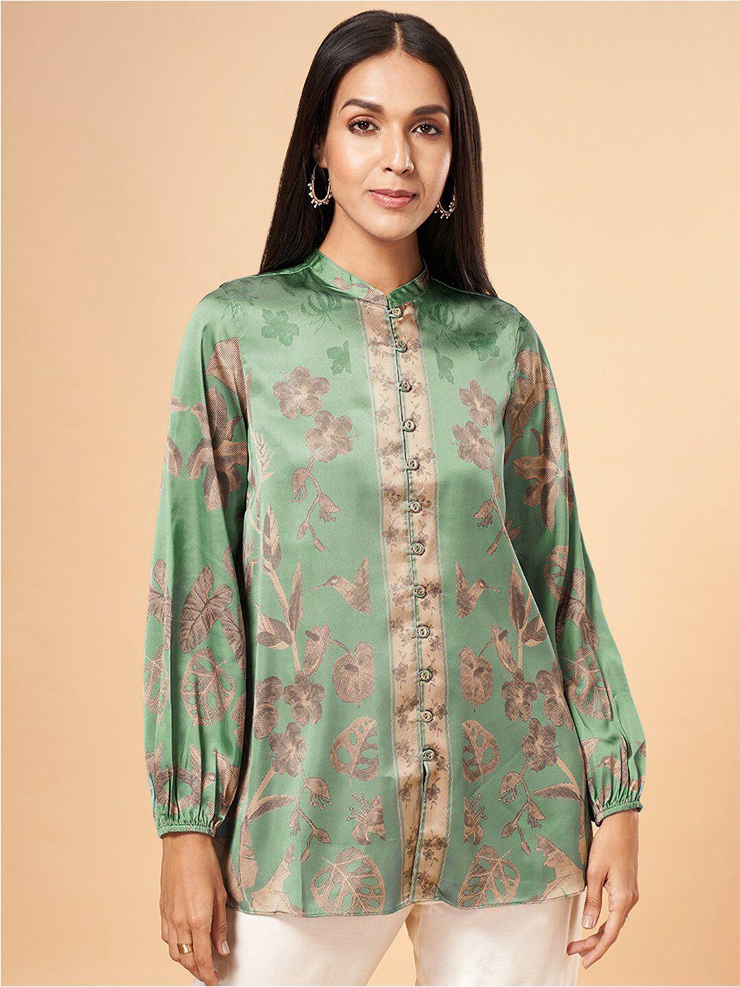 marigold lane floral printed satin mandarin collar shirt style top