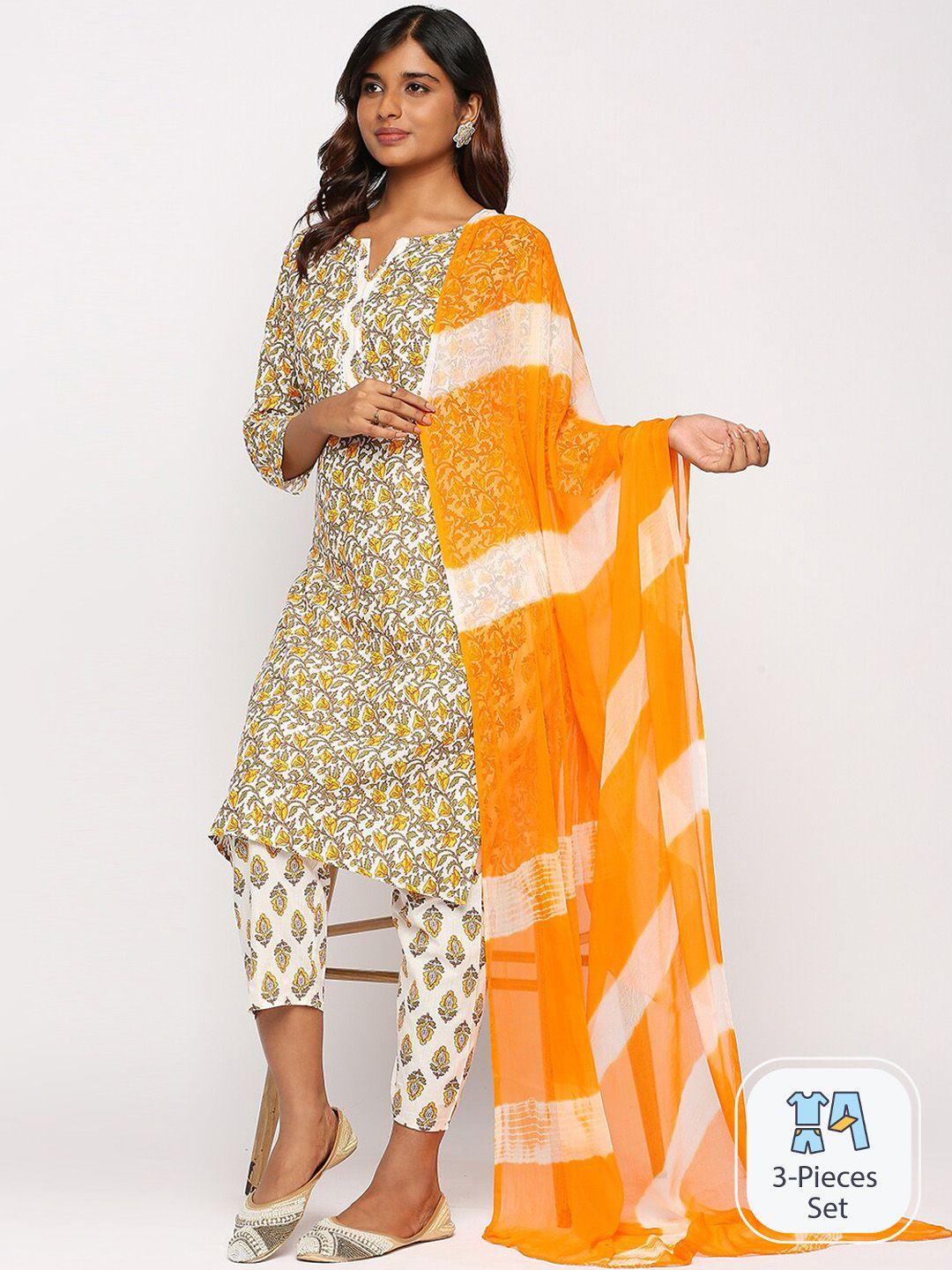 zri floral printed regular pure cotton kurta with trousers & with dupatta