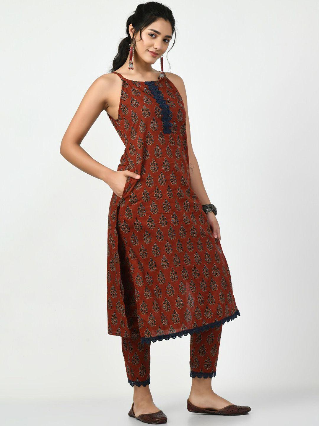 kalini ethnic motifs printed shoulder strapped pure cotton straight kurta