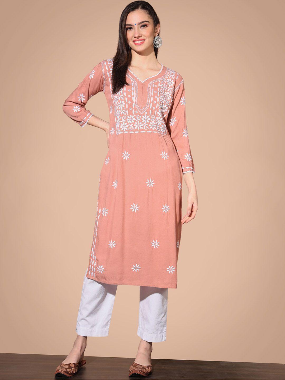 ethnava floral yoke design v-neck cotton straight kurta