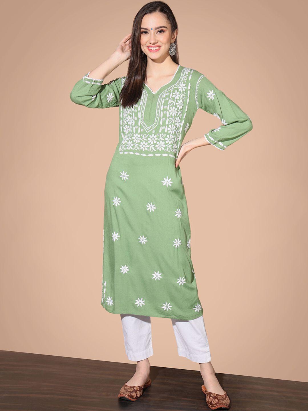 ethnava floral yoke design v-neck cotton straight kurta