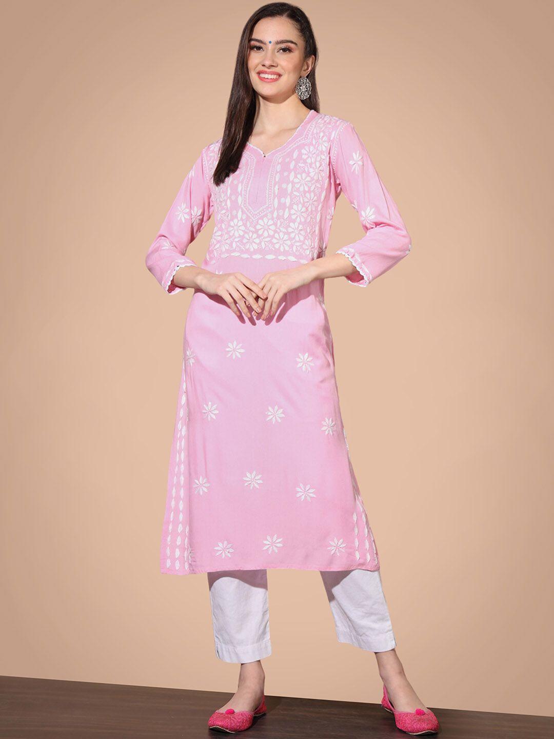 ethnava floral embroidered round neck thread work pure cotton straight kurta