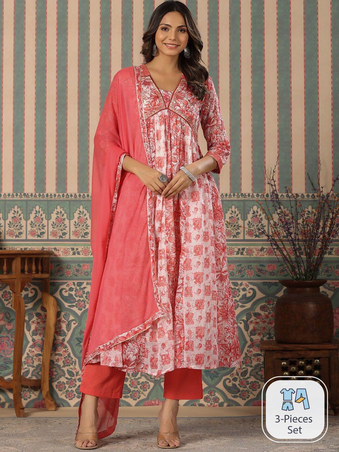 readiprint fashions floral printed empire pure cotton kurta with trousers & dupatta