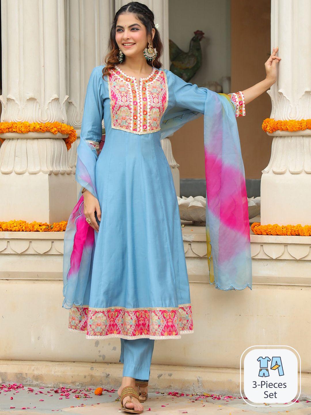 rain & rainbow floral sequinned embroidered anarkali kurta with trousers & dupatta