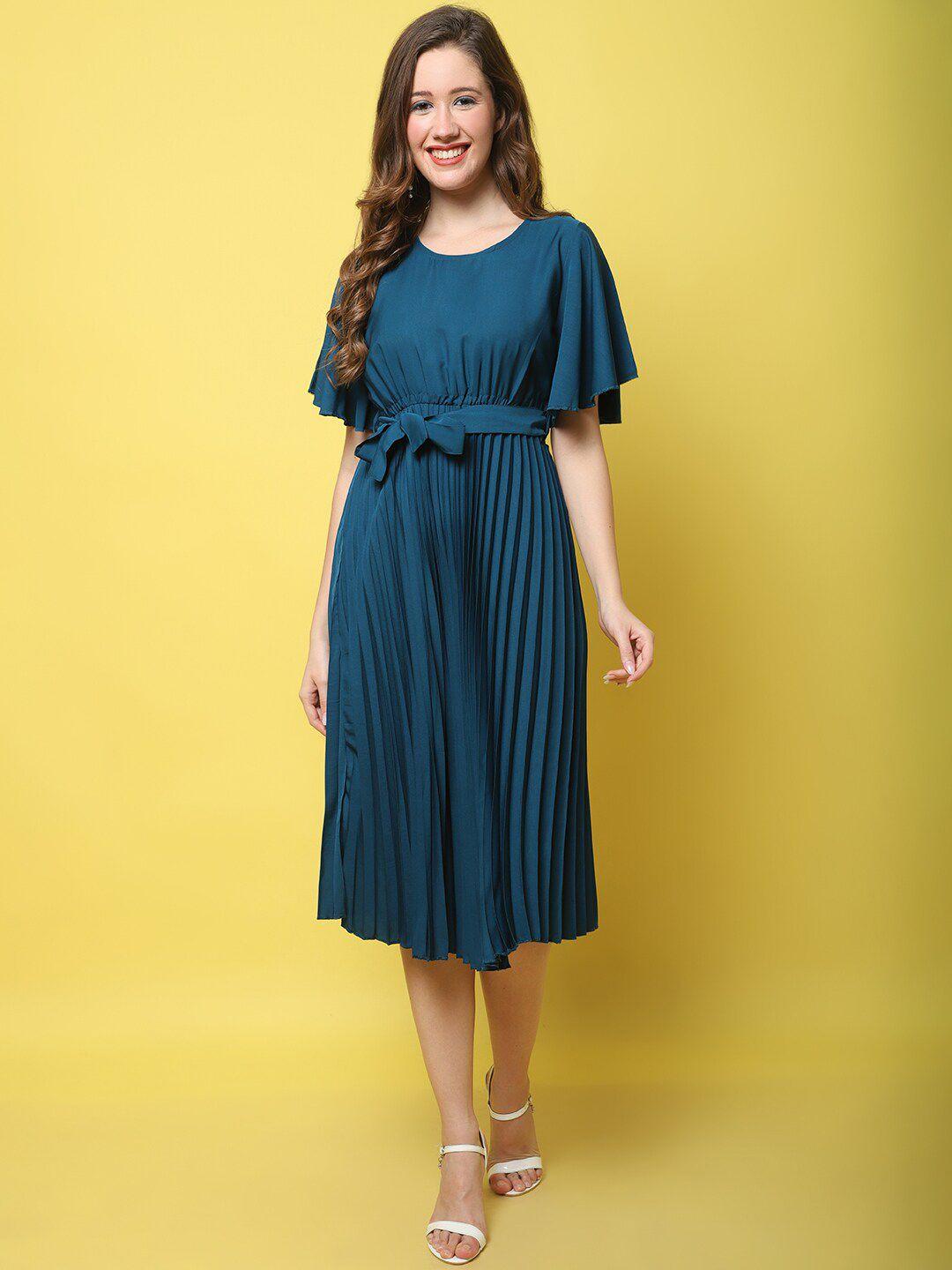 baesd belt detailed accordion pleated flared sleeve fit & flare dress