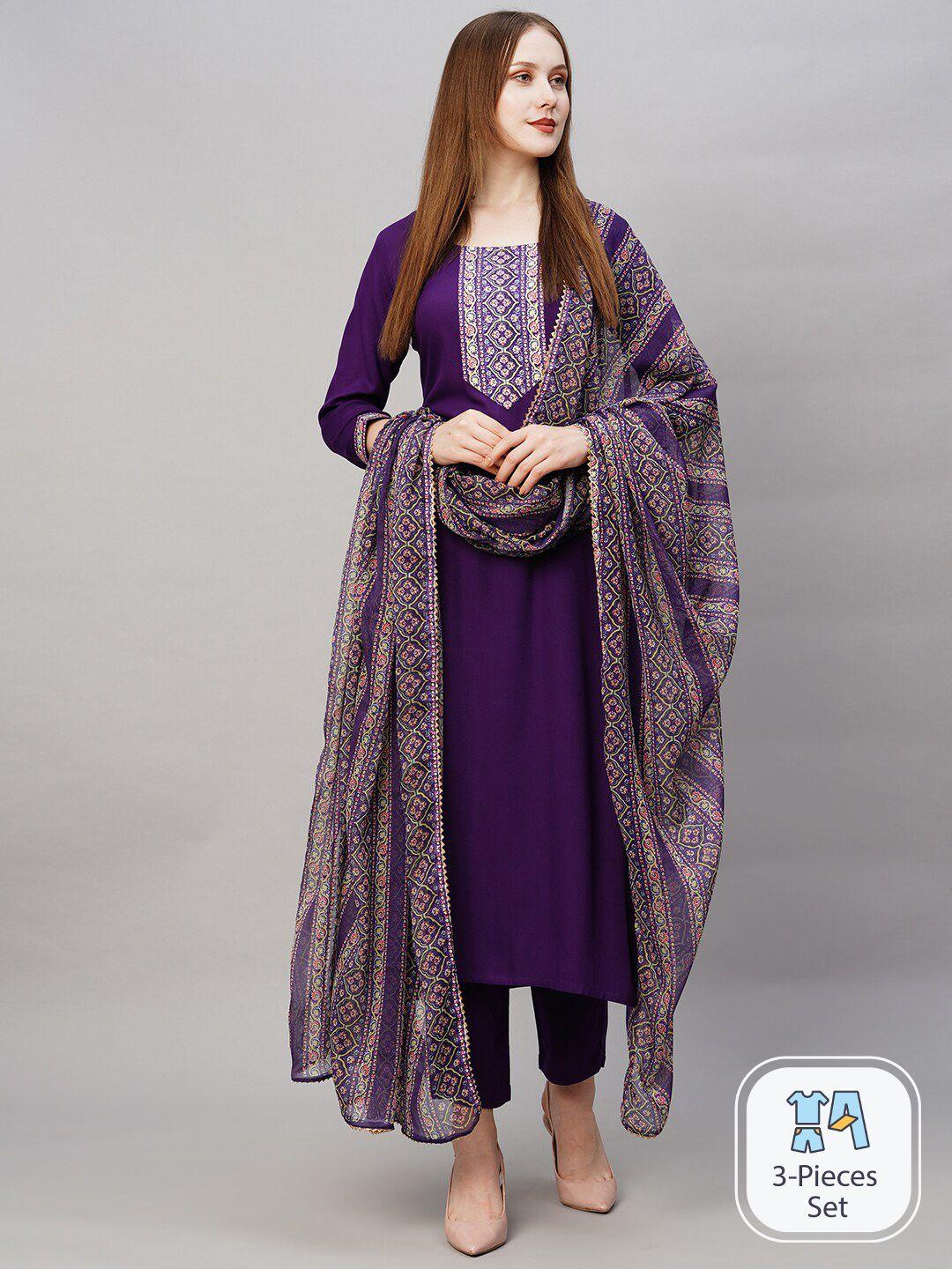 kalini women solid straight kurta with trousers & with dupatta