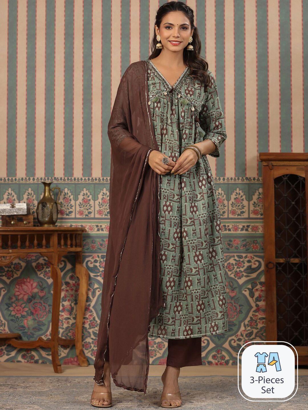 readiprint fashions printed empire mirror work pure cotton kurta with trousers & dupatta