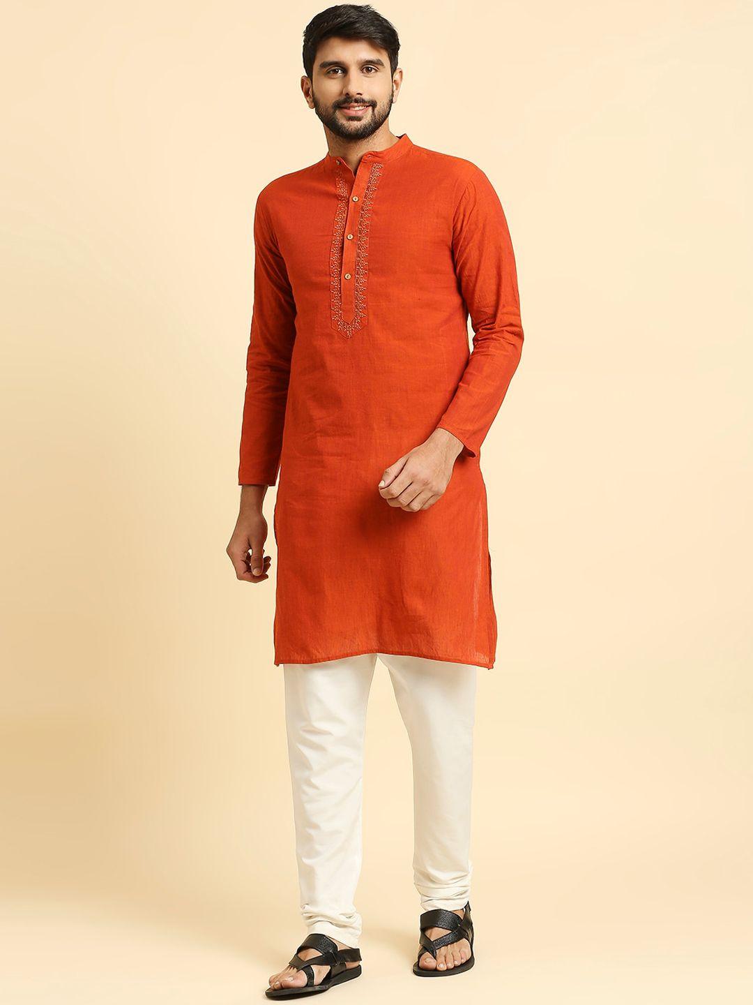 anubhutee mandarin collar long sleeve thread work pure cotton straight kurta