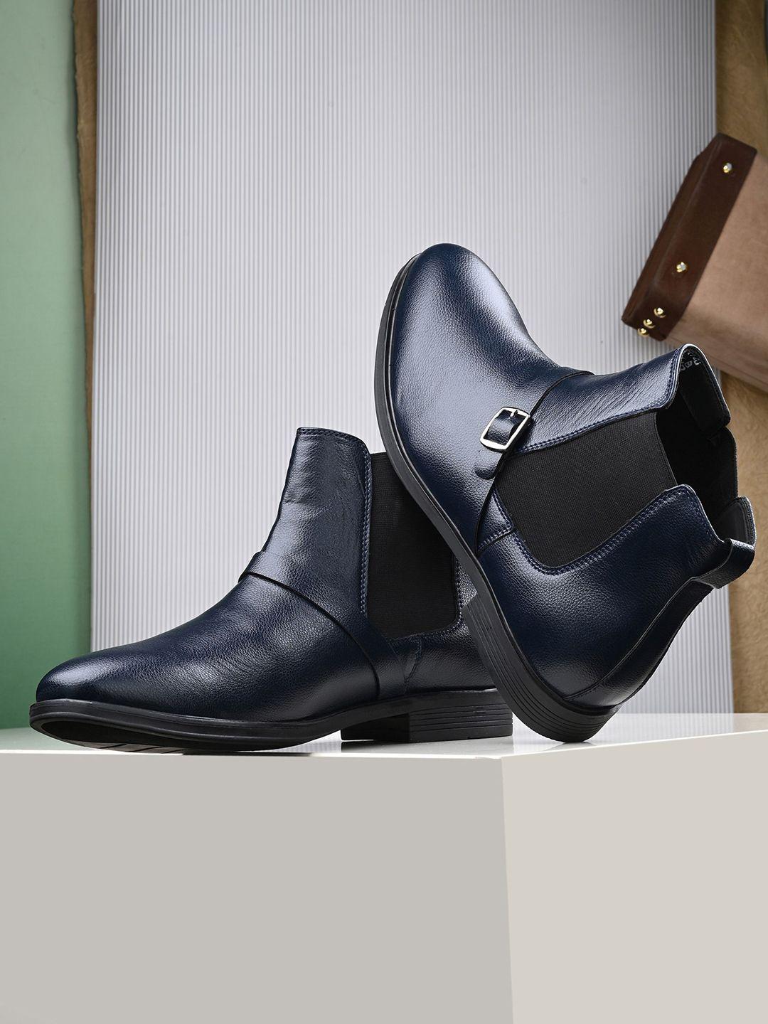 the roadster lifestyle co. men navy blue mid top block-heel chelsea boots with buckle