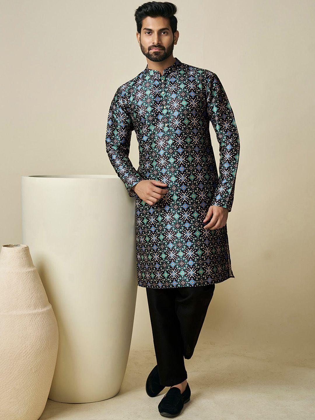 inddus geometric woven design mandarin collar regular kurta