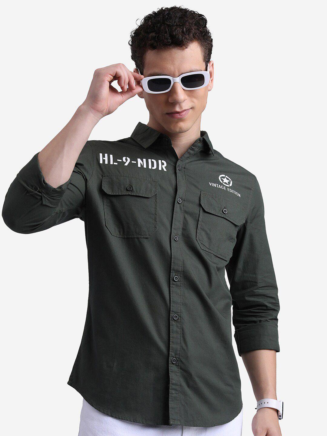 highlander olive green slim fit cotton casual shirt