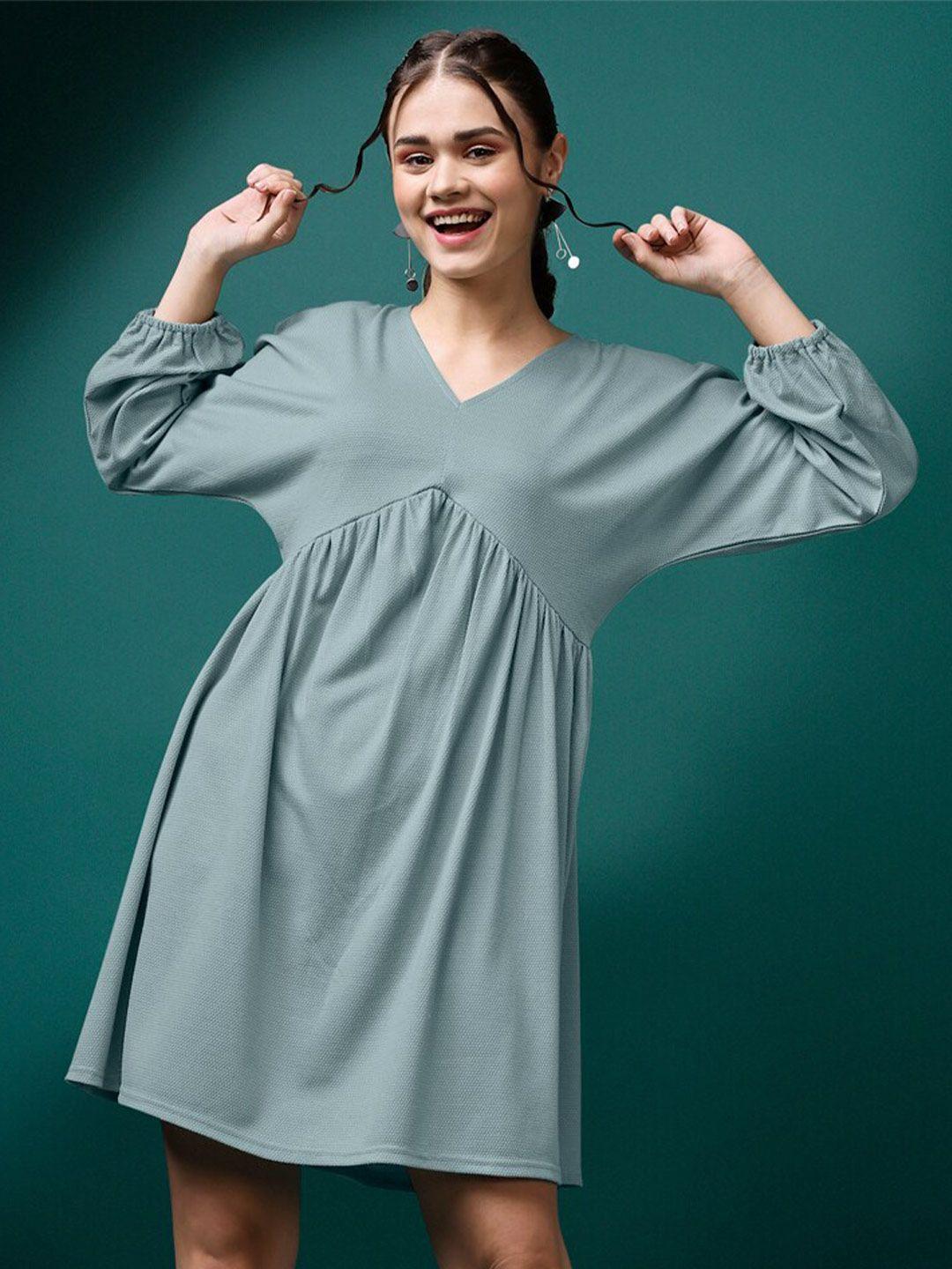 purvaja puff sleeves gathered v-neck a-line dress