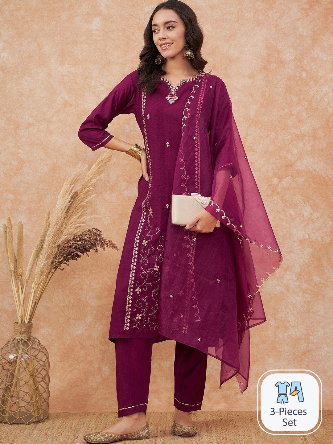 sangria embroidery straight kurta with trouser & dupatta set