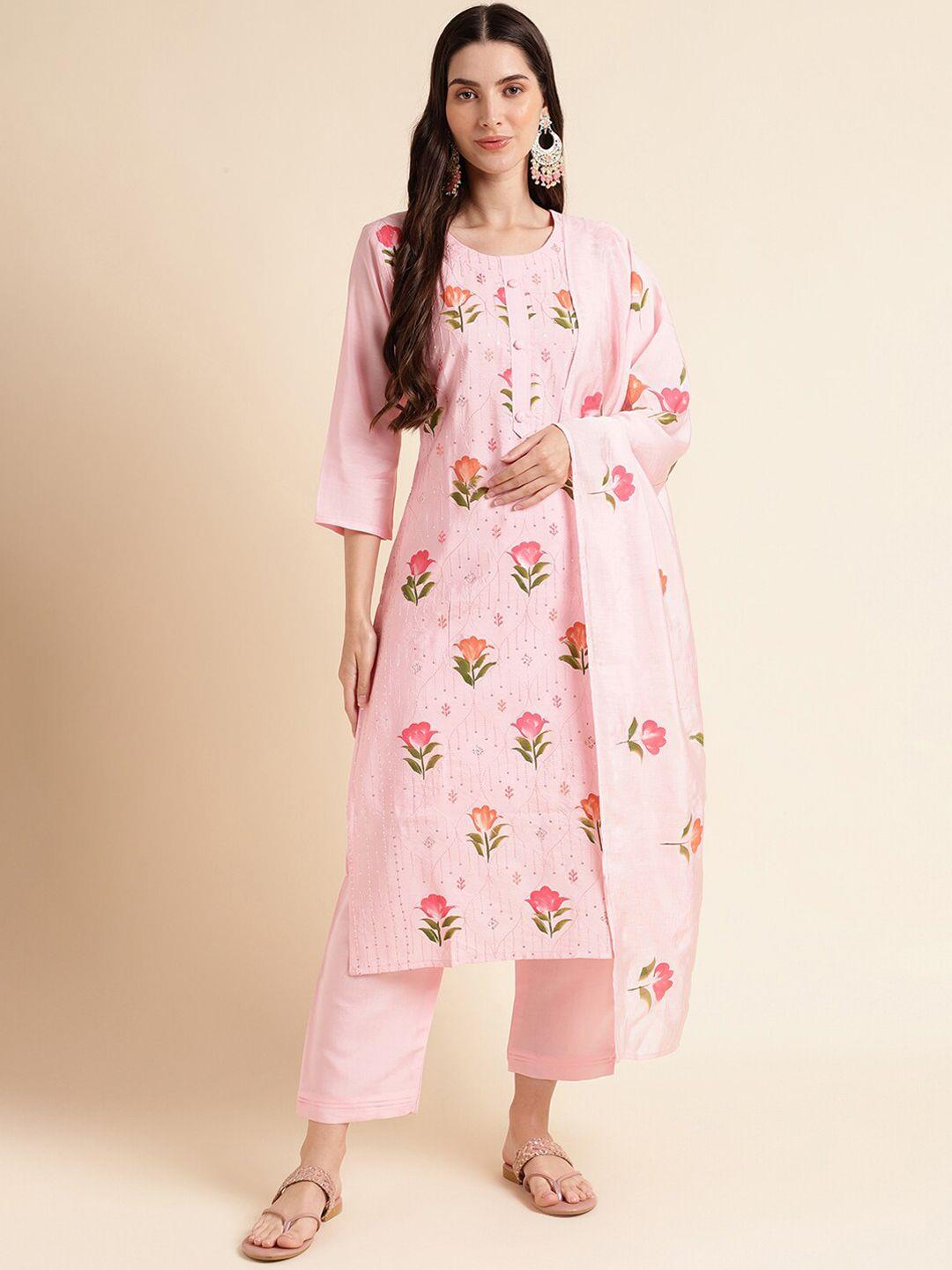 mesmora fashion floral printed sequinned pure cotton kurta with trousers & dupatta