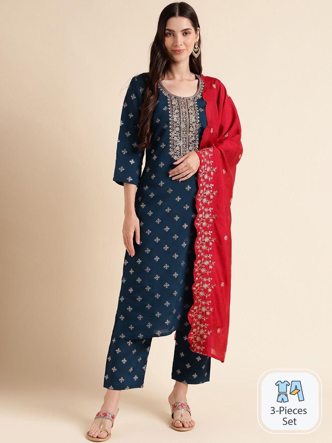 mesmora fashion ethnic motifs printed sequinned cotton kurta with trousers & dupatta