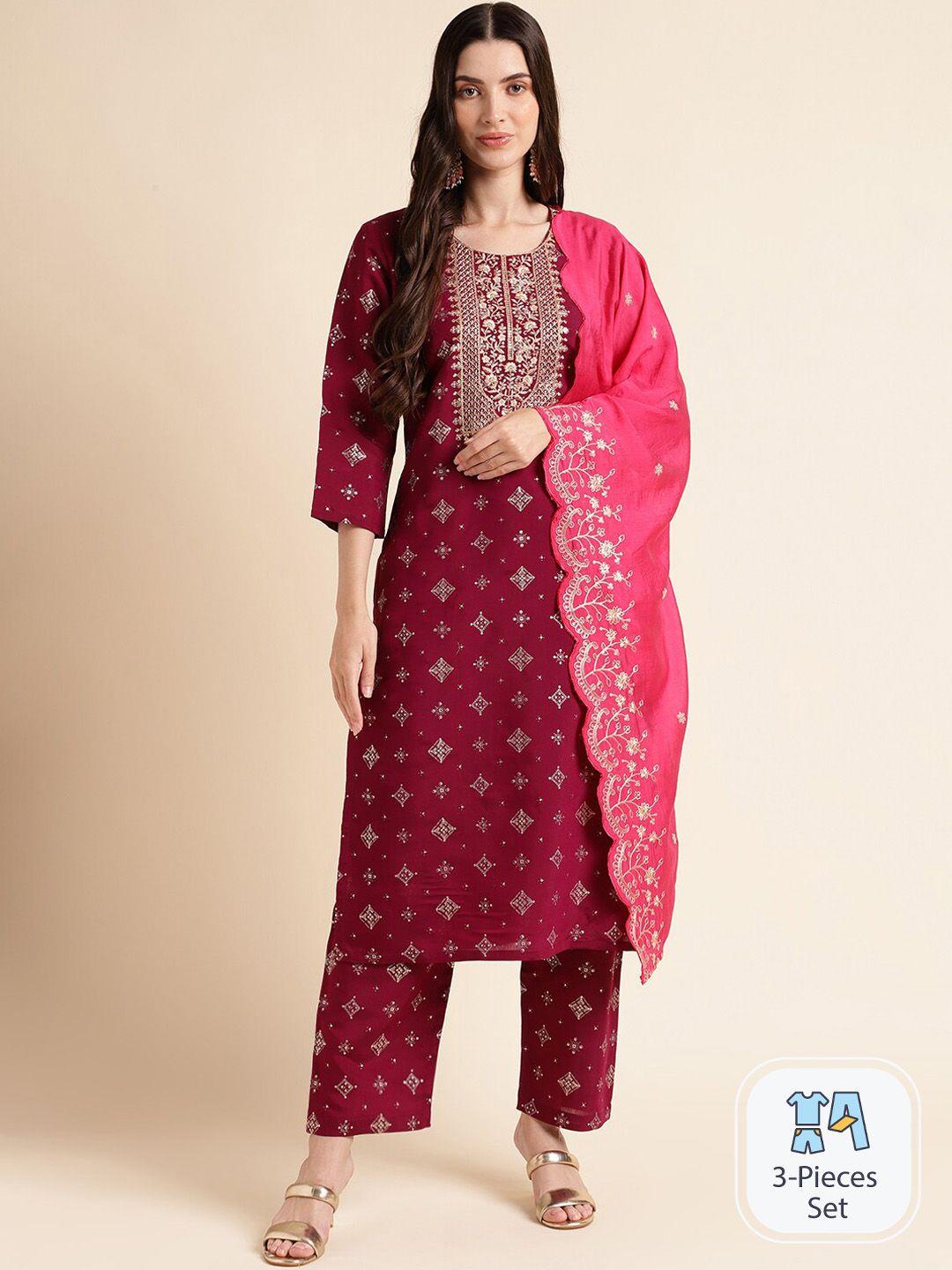 mesmora fashion ethnic motifs printed sequinned pure cotton kurta with trousers & dupatta