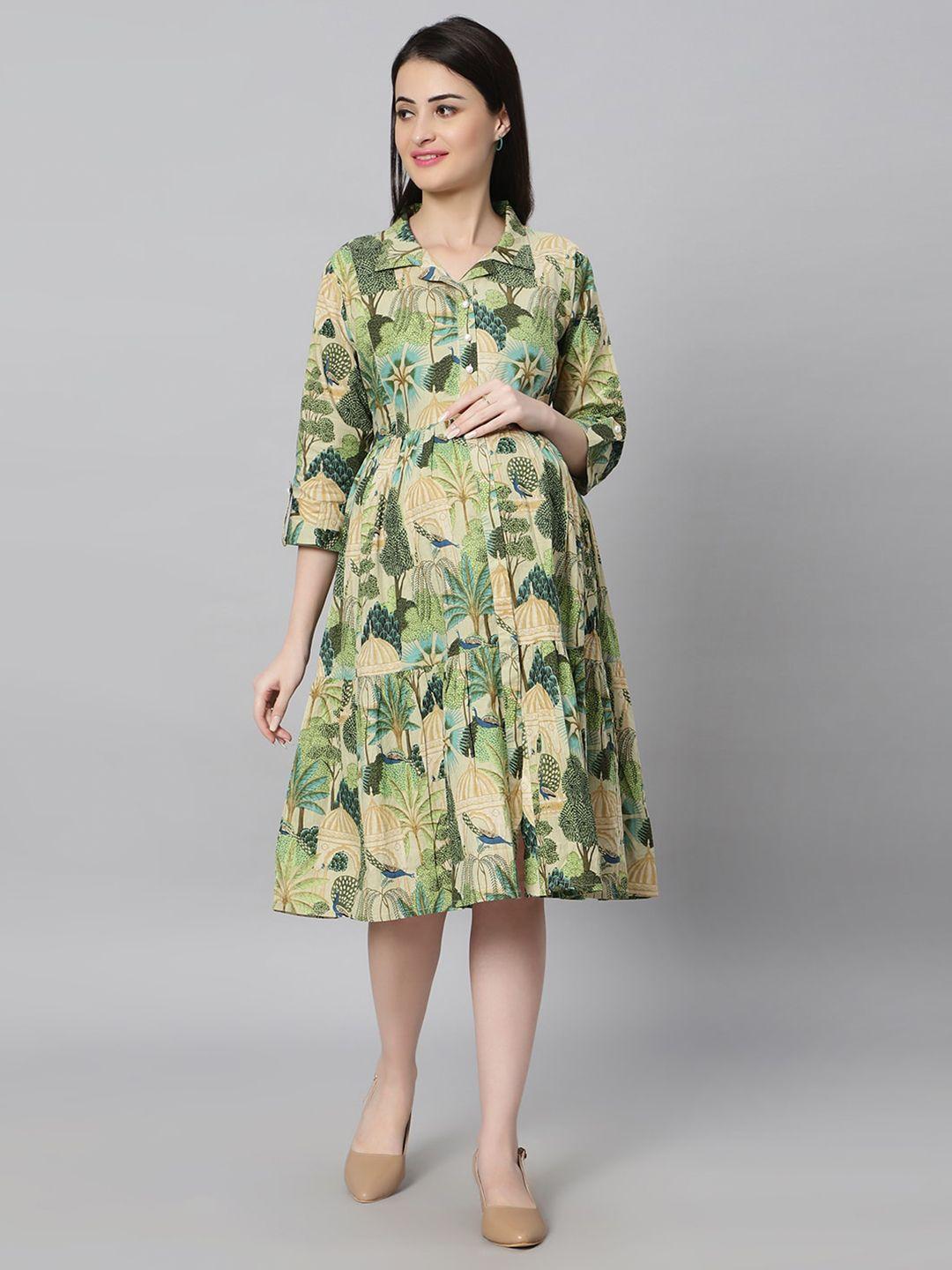 aanyor ethnic motifs printed roll-up sleeves pure cotton maternity fit & flare dress