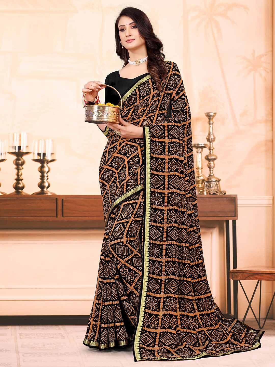 mitera black & orange bandhani printed saree