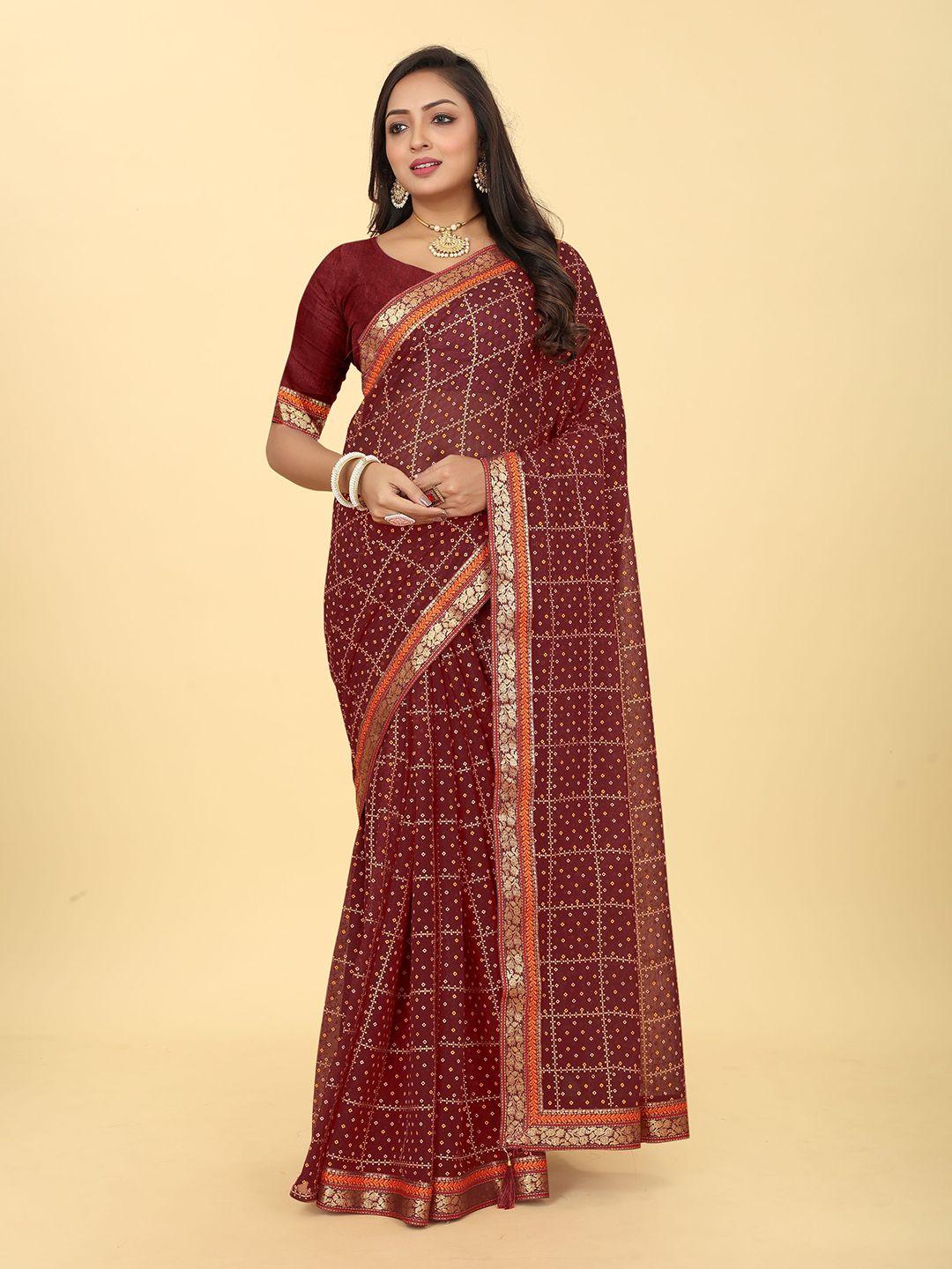 kiwie geometric foil printed zari poly chiffon saree