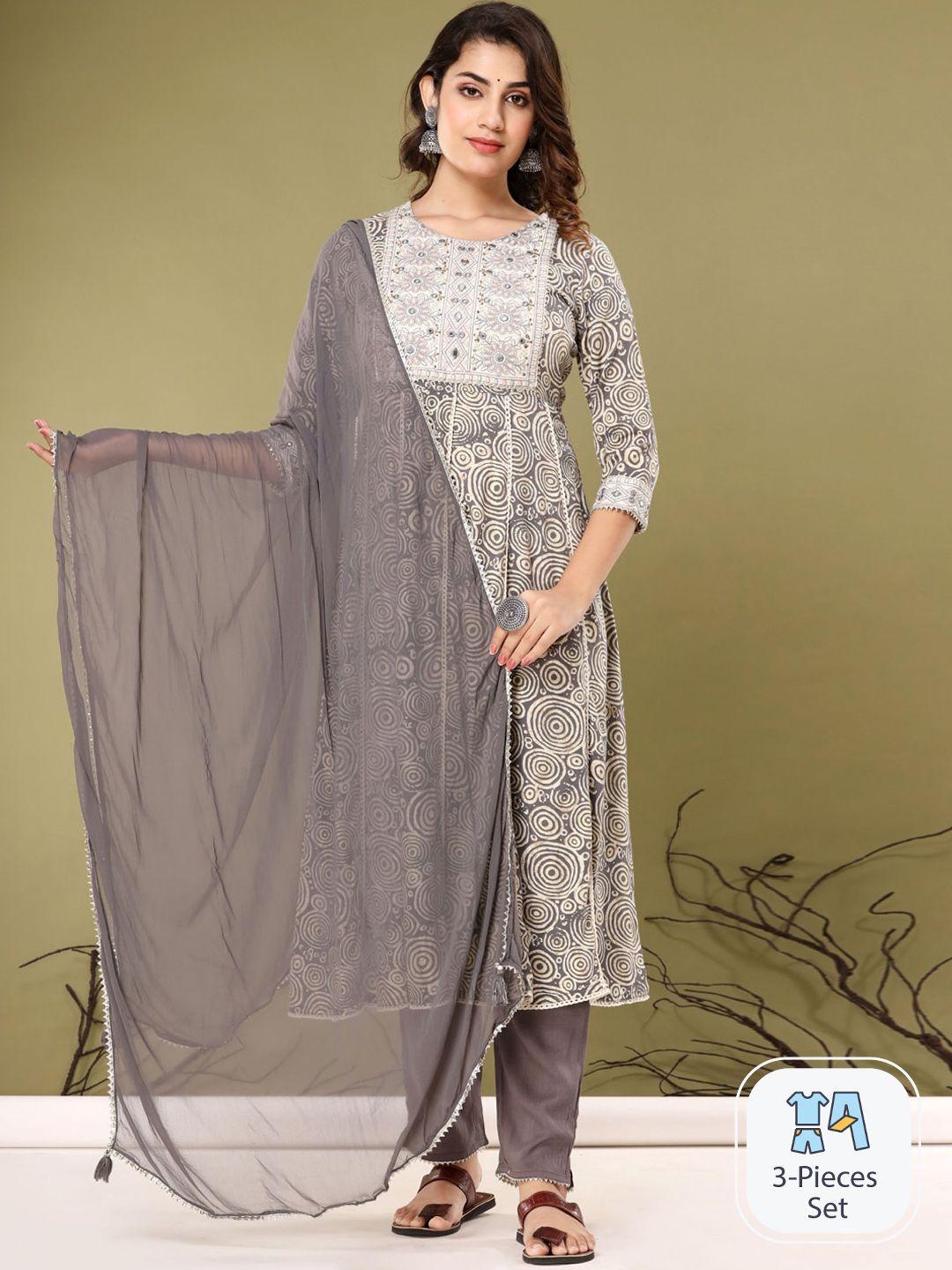 readiprint fashions printed thread work anarkali kurta with trousers & dupatta