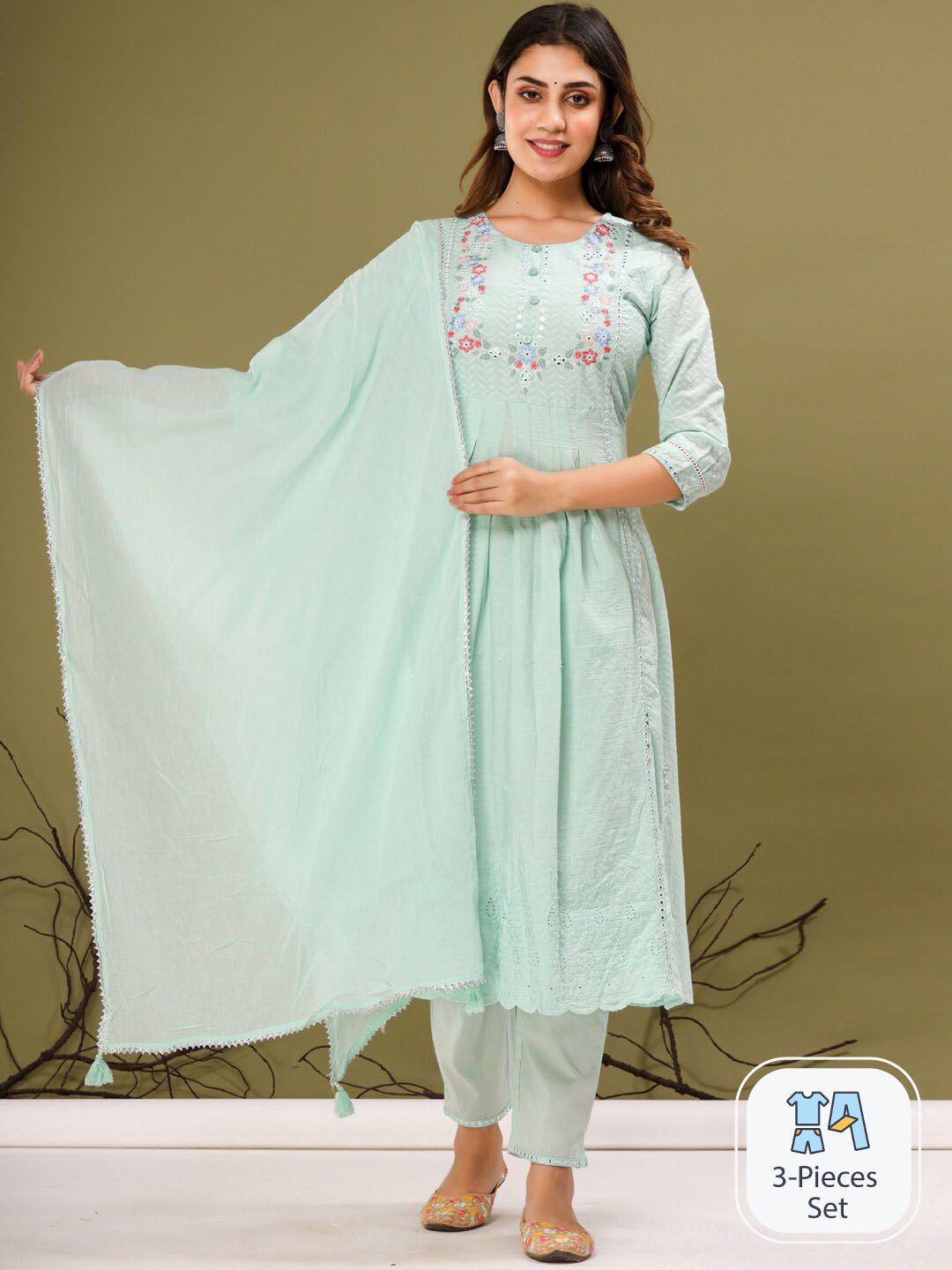 readiprint fashions floral thread work pure cotton anarkali  kurta with trousers & dupatta