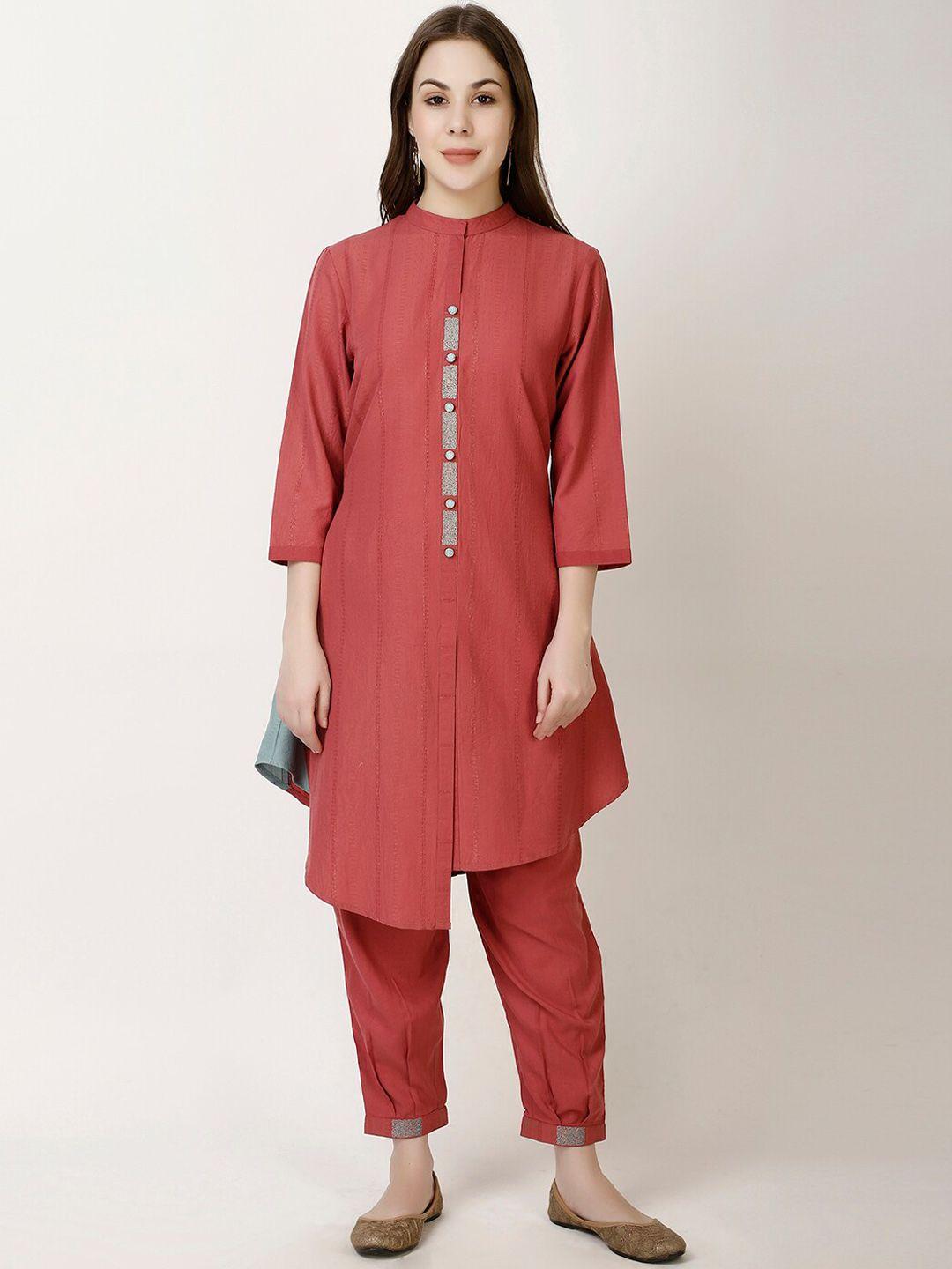 ffu striped mandarin collar straight kurta with trousers & with dupatta