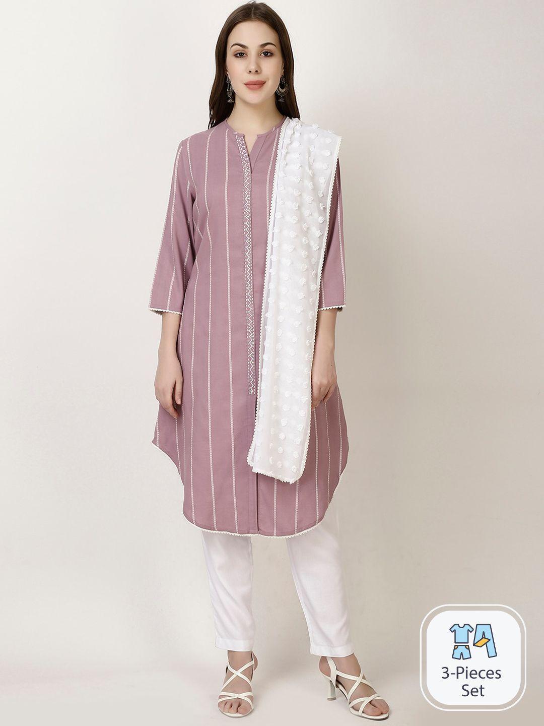 ffu striped embroidered mandarin collar a-line kurta with trousers & with dupatta